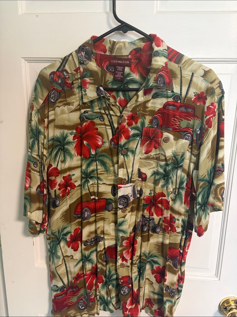 Covington Olive Tropical Button-Down Shirt with Red Floral & Green Accents